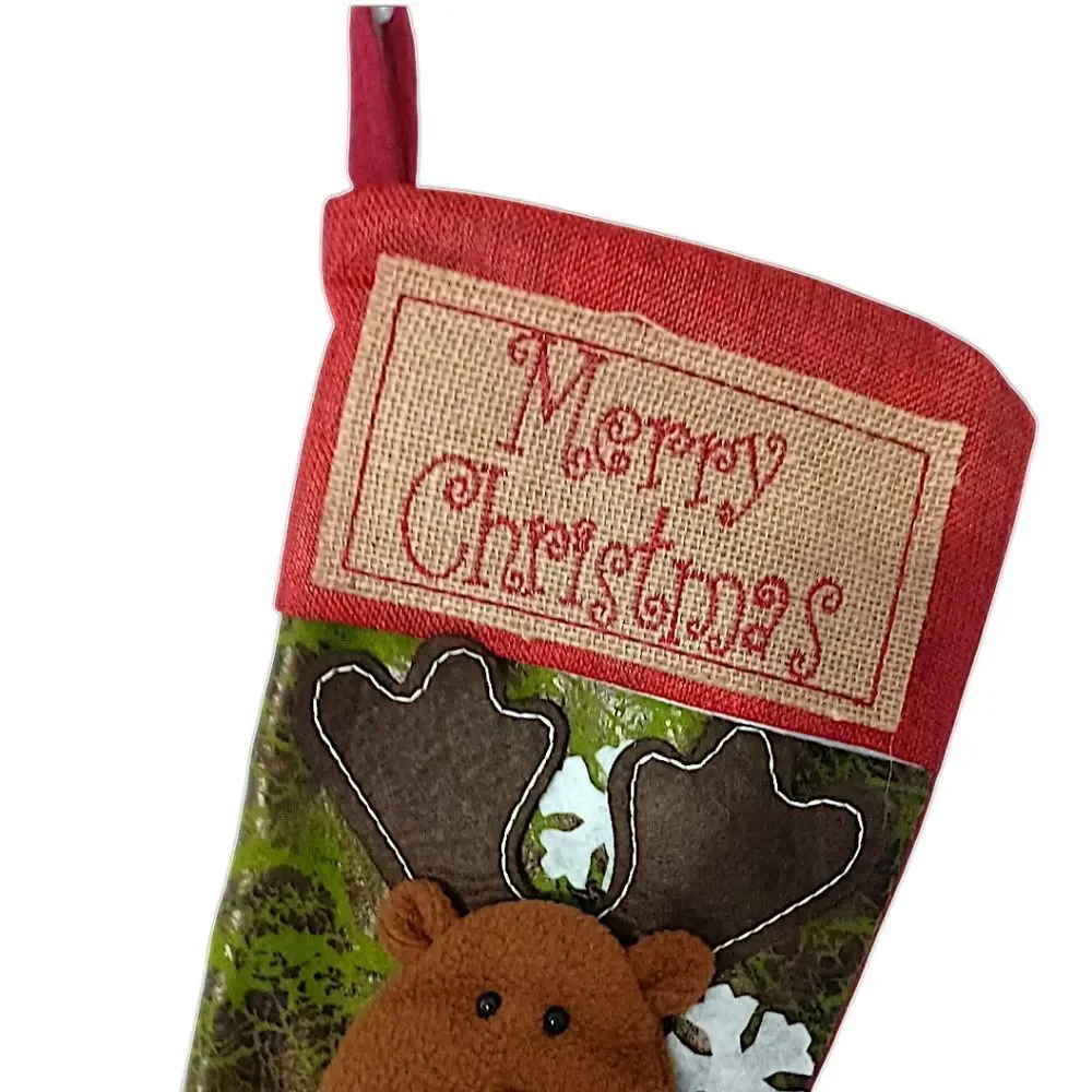 Reindeer‎ Moose Christmas Stocking Plush Folk Art Cabin Rustic Farmhouse Holiday